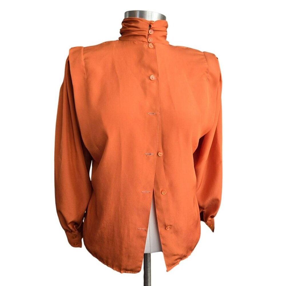 Vintage San Andre Blouse Orange High Collar & Shoulder Pads Scarf Neck 6P HS158